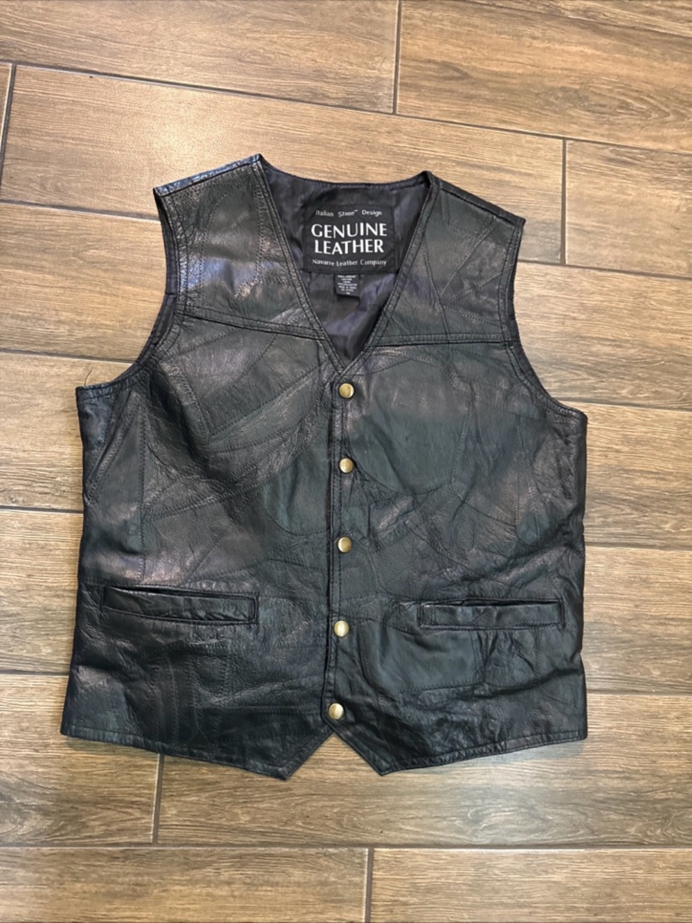 Rare VTG NAVARRE Italian Stone Design Genuine Leather Vest Jacket 90s Black SZ M